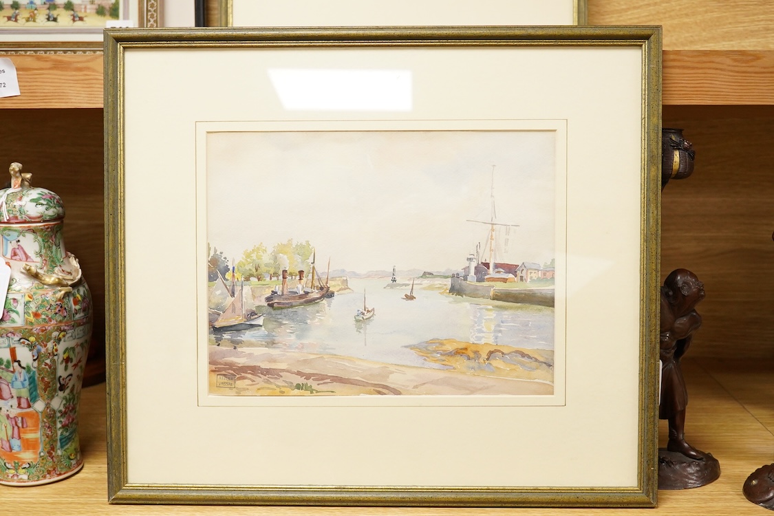 Jean Vassal (1902-1986), A harbour scene, studio lamp lower left, watercolour, 21 x 27cm